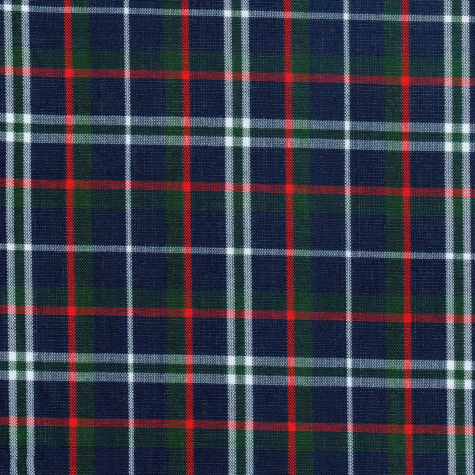 Tela de poliéster Dacron SchoolLine en tartán azul marino con líneas rojas, blancas y verdes, ideal para uniformes.