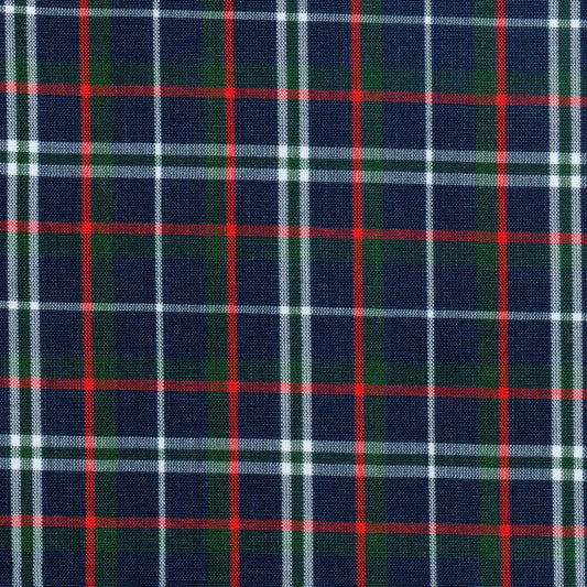 Tela de poliéster Dacron SchoolLine en tartán azul marino con líneas rojas, blancas y verdes, ideal para uniformes.