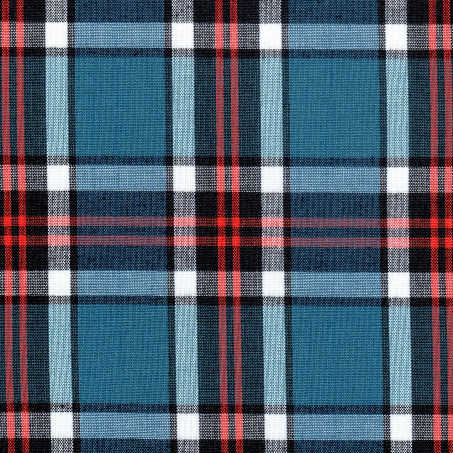 Tela tartán azul con rayas negras, blancas y rojas; tela Dacron SchoolLine para uniformes escolares.