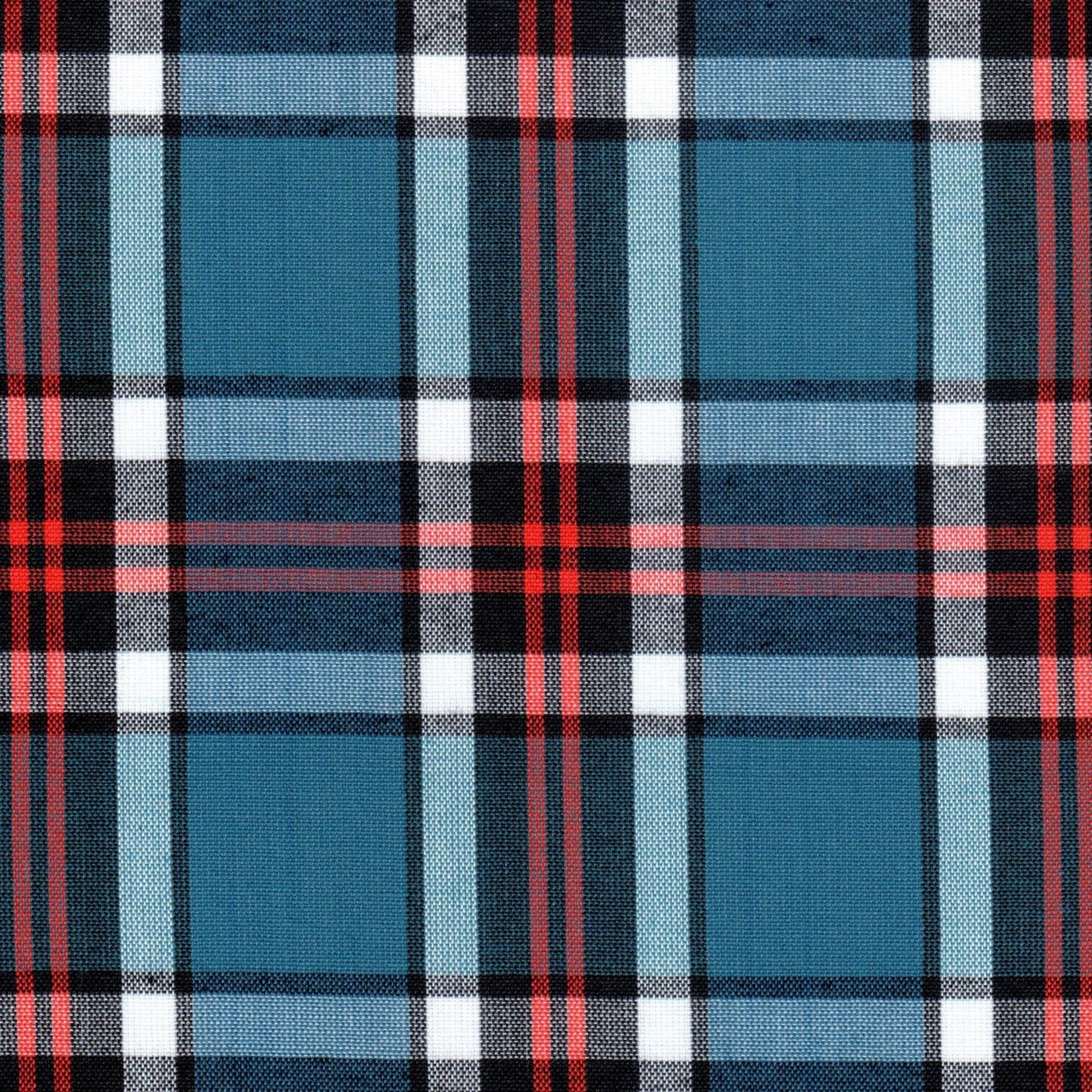 Tela tartán azul con rayas negras, blancas y rojas; tela Dacron SchoolLine para uniformes escolares.