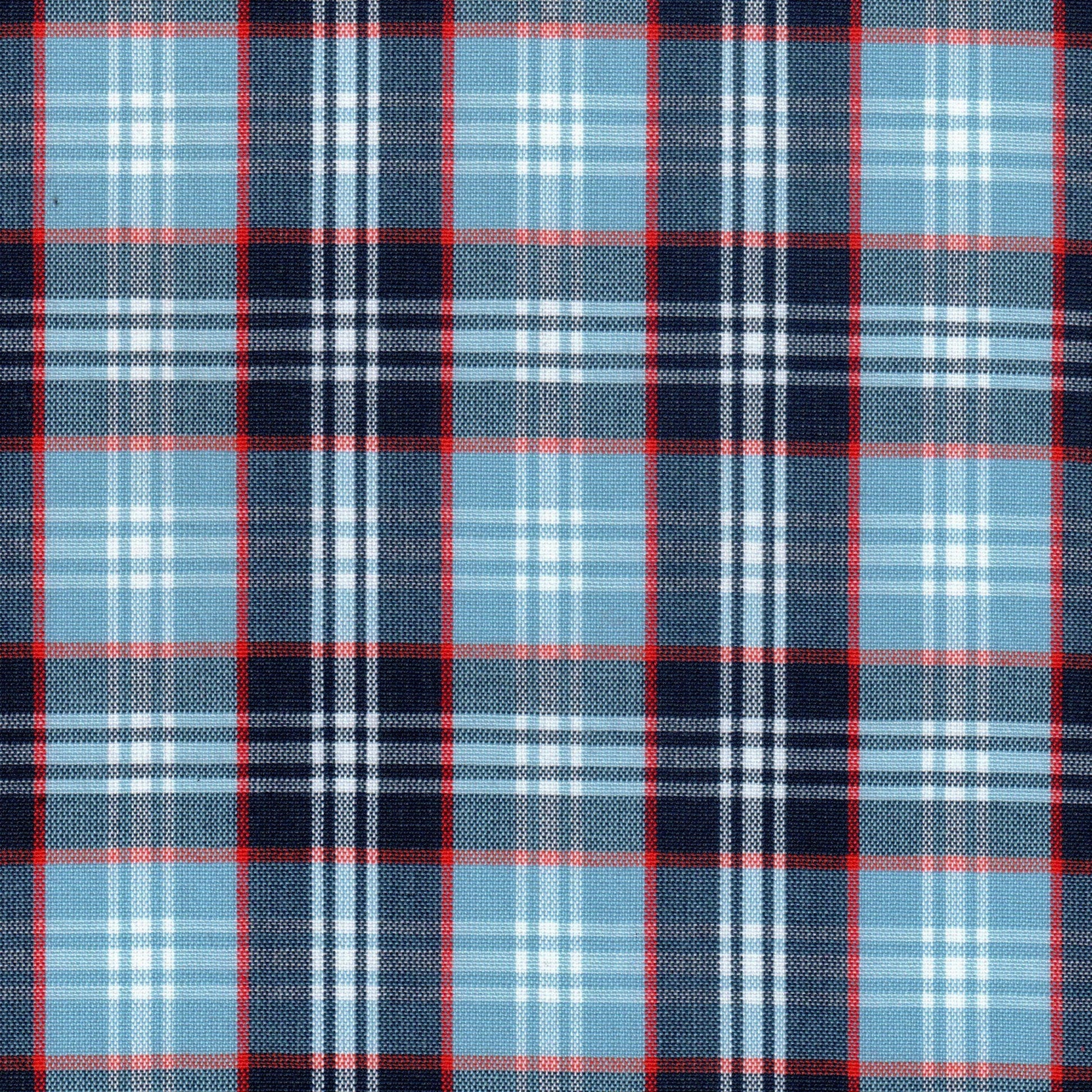 Tela 13002415 Dacron SchoolLine: tela a cuadros azul claro y azul marino con rojo, ideal para uniformes escolares.