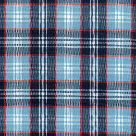 Tela 13002415 Dacron SchoolLine: tela a cuadros azul claro y azul marino con rojo, ideal para uniformes escolares.