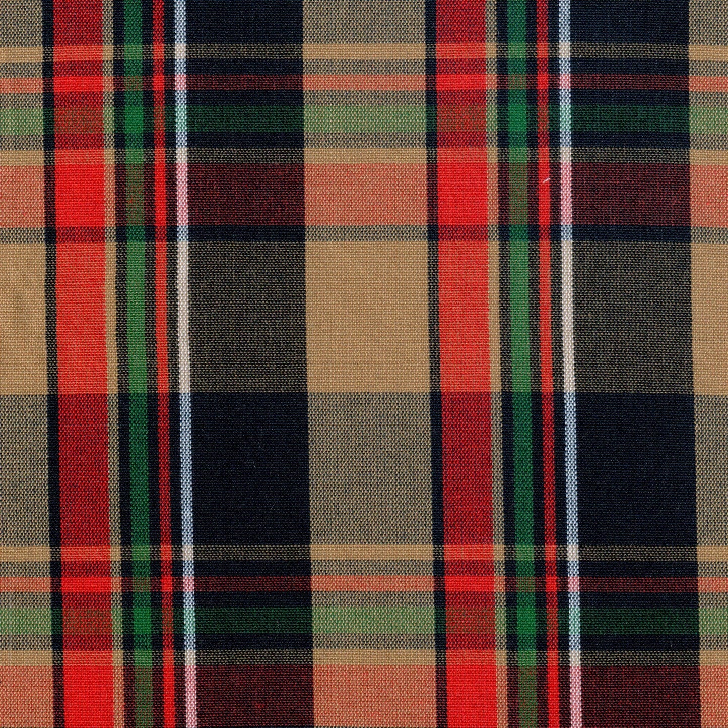 Tela Dacron SchoolLine 13002422: tela a cuadros tartán en beige, rojo, negro y verde; ideal para uniformes escolares e institucionales.