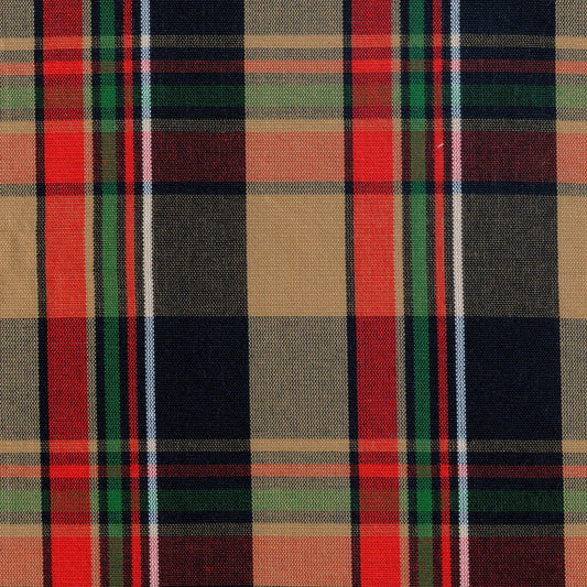 Tela Dacron SchoolLine 13002422: tela a cuadros tartán en beige, rojo, negro y verde; ideal para uniformes escolares e institucionales.