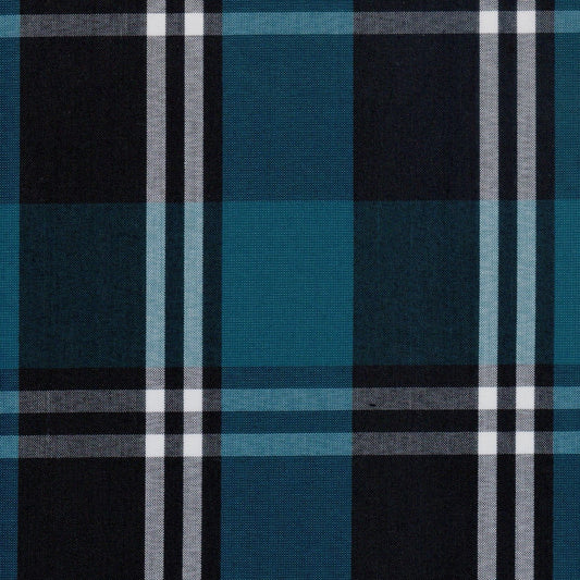 Tela Dacron SchoolLine para uniformes; tejido a cuadros teal y negro con líneas blancas, ideal para escuelas.