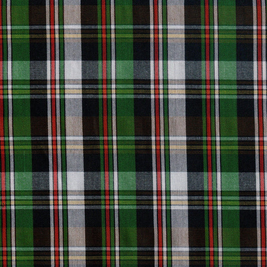 Tela Dacron SchoolLine de poliéster en tartán verde, negro y rojo; ideal para uniformes escolares e institucionales.