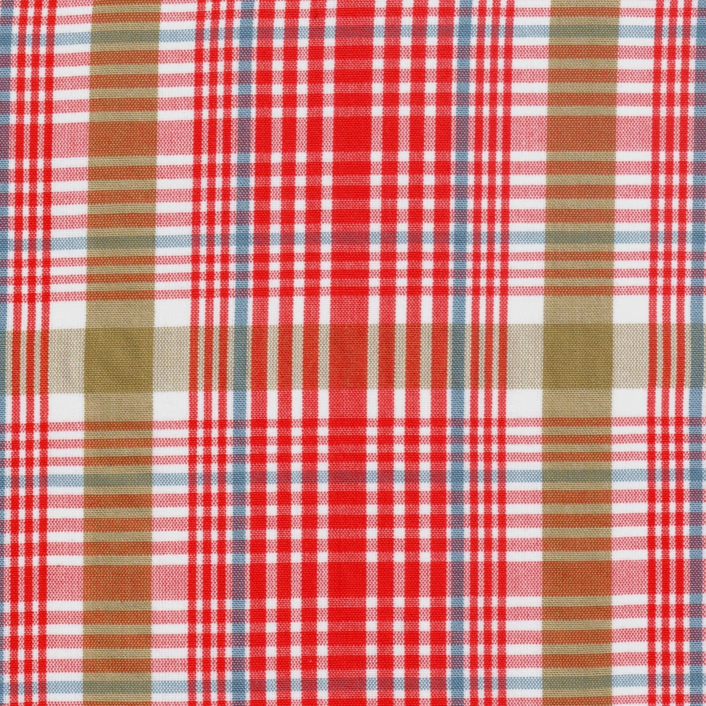 Tela 13002445 Dacron de SchoolLine, tela a cuadros rojo, blanco, beige y azul; ideal para uniformes escolares e institucionales.