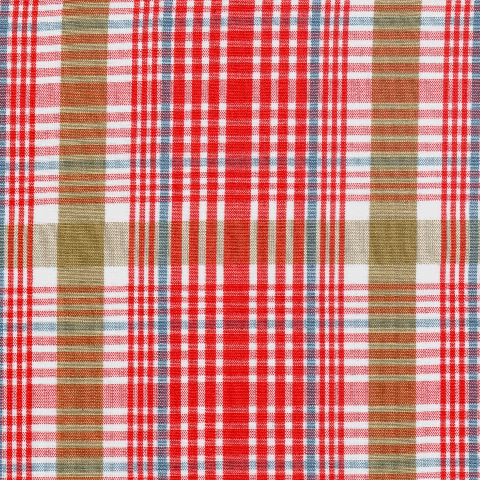 Tela 13002445 Dacron de SchoolLine, tela a cuadros rojo, blanco, beige y azul; ideal para uniformes escolares e institucionales.