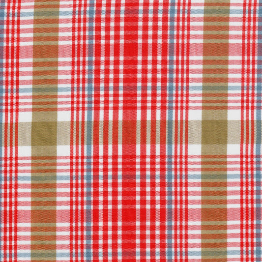 Tela 13002445 Dacron de SchoolLine, tela a cuadros rojo, blanco, beige y azul; ideal para uniformes escolares e institucionales.