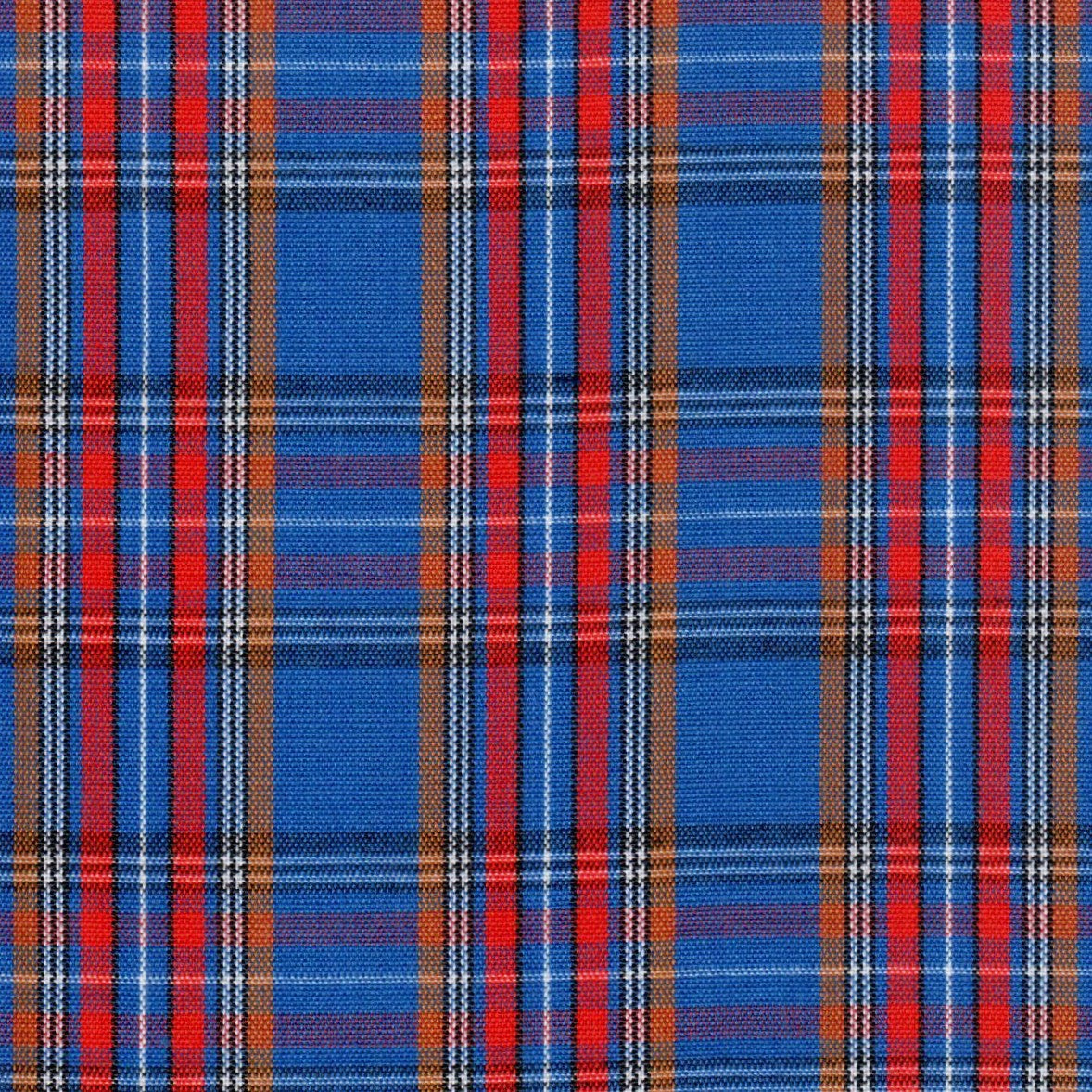 Tela 13002450 Dacron SchoolLine: tela ajedrezada azul con rayas rojas y naranjas, ideal para uniformes escolares e institucionales.