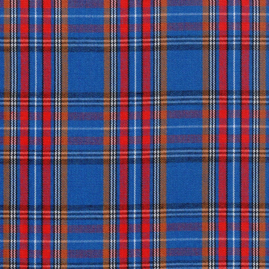 Tela 13002450 Dacron SchoolLine: tela ajedrezada azul con rayas rojas y naranjas, ideal para uniformes escolares e institucionales.