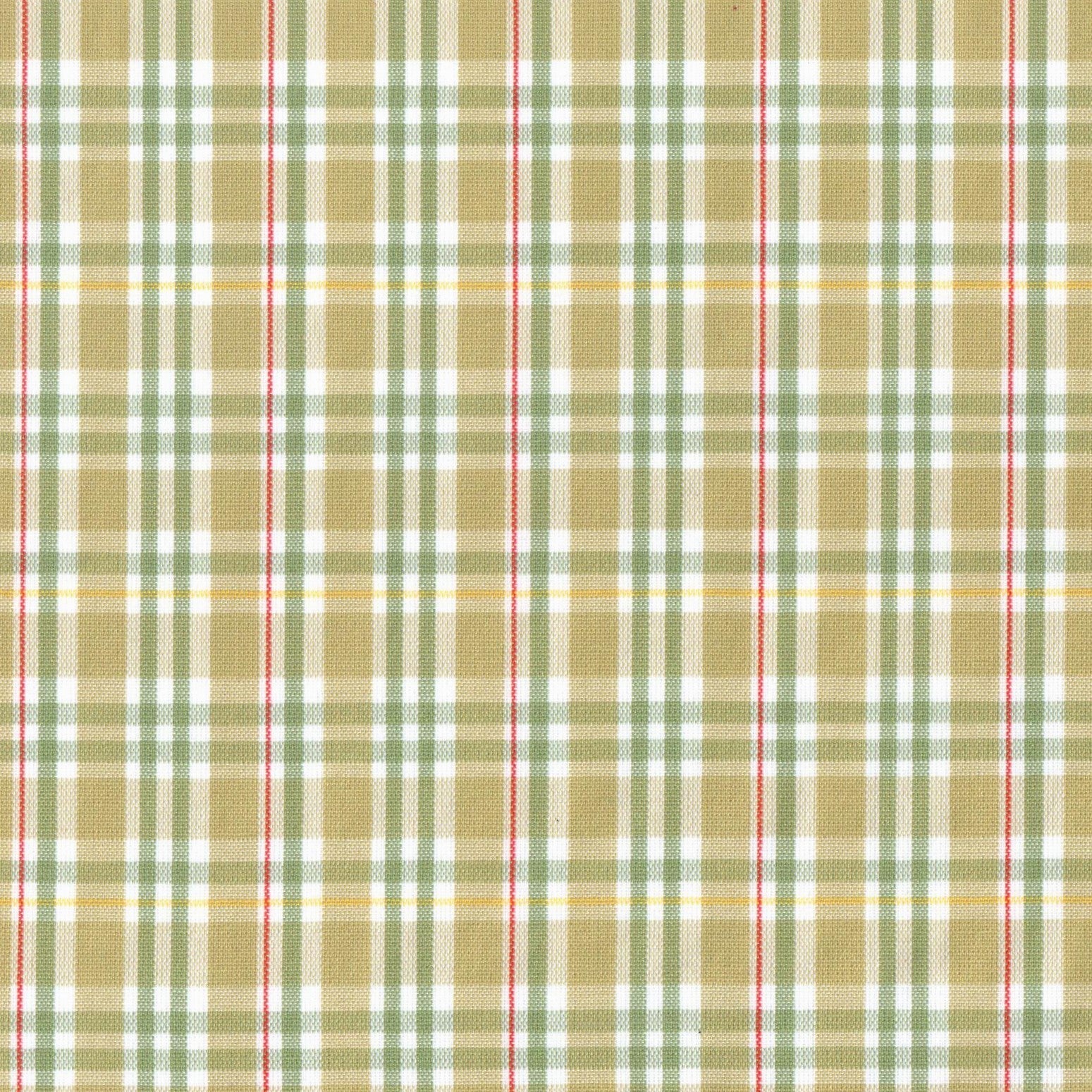 Tela Dacron SchoolLine, patrón tartán beige, verde y blanco con líneas rojas; tela para uniformes escolares.