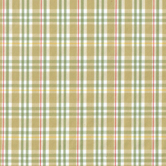 Tela Dacron SchoolLine, patrón tartán beige, verde y blanco con líneas rojas; tela para uniformes escolares.