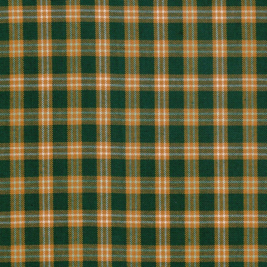 Tela 13002466 Dacron uniforme SchoolLine en verde oscuro con cuadros naranja y azul, ideal para uniformes escolares.