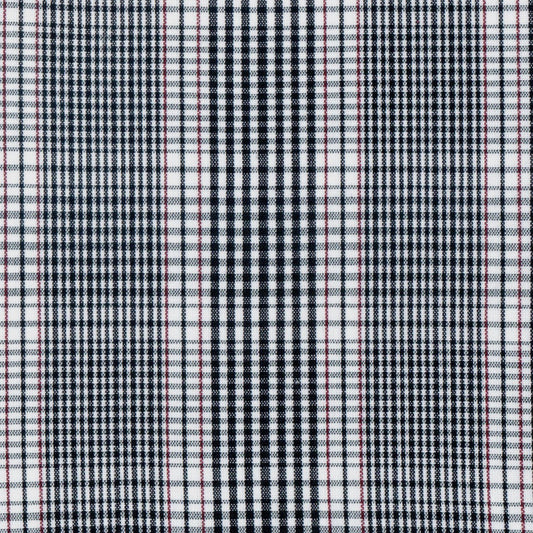 Tela de combinación SchoolLine, plaid blanco/negro con líneas rojas; ideal para uniformes escolares.