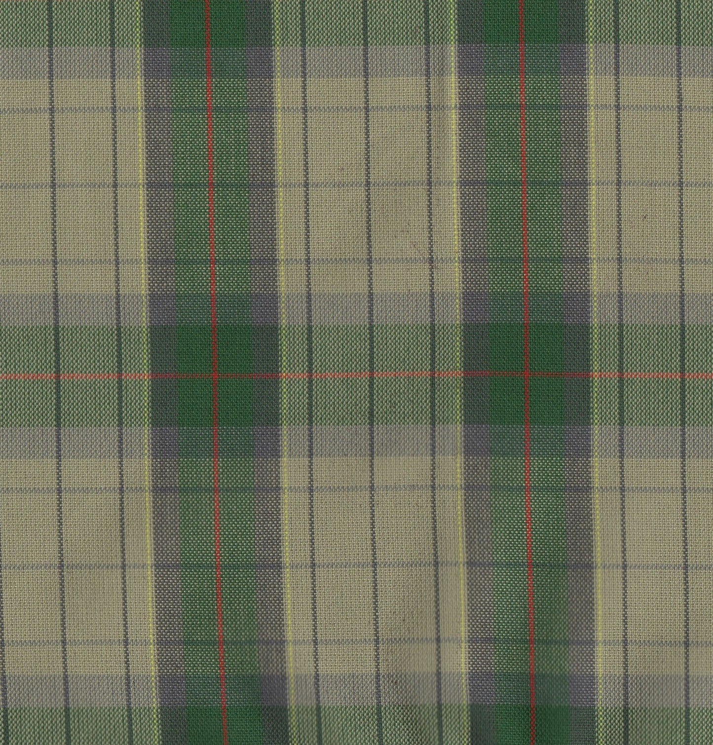 Tela 13002484 Dacron SchoolLine; tela a cuadros verde y beige con líneas rojas, ideal para uniformes escolares.