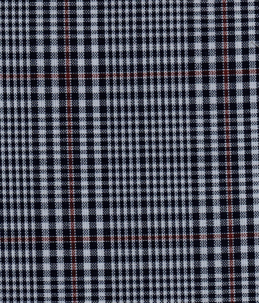 Tela SchoolLine 13002489 Dacron mezcla en tartán negro/blanco con líneas rojas; ideal para uniformes escolares e institucionales.