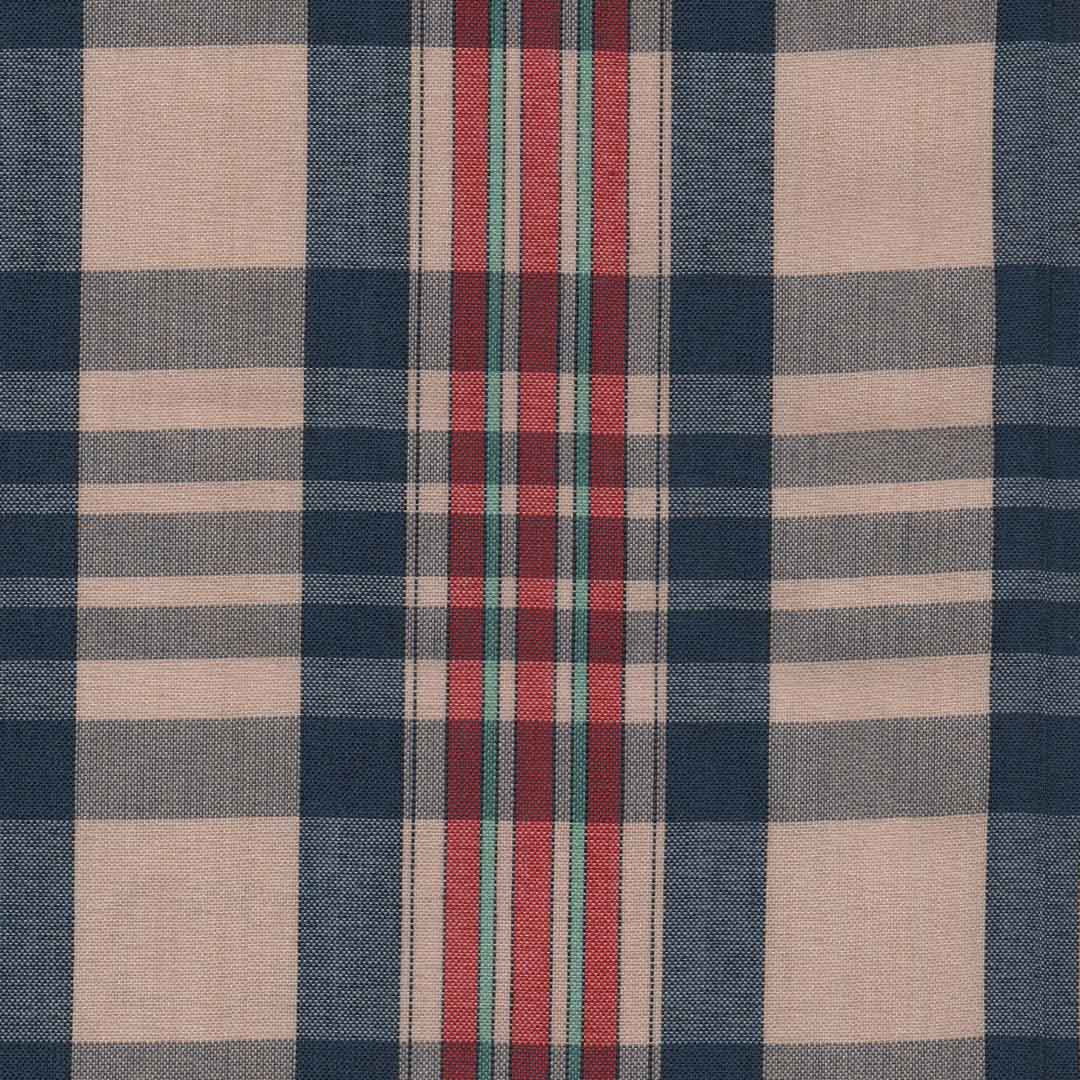 Tela para uniforme escolar en tono beige con lineas azules y rojas