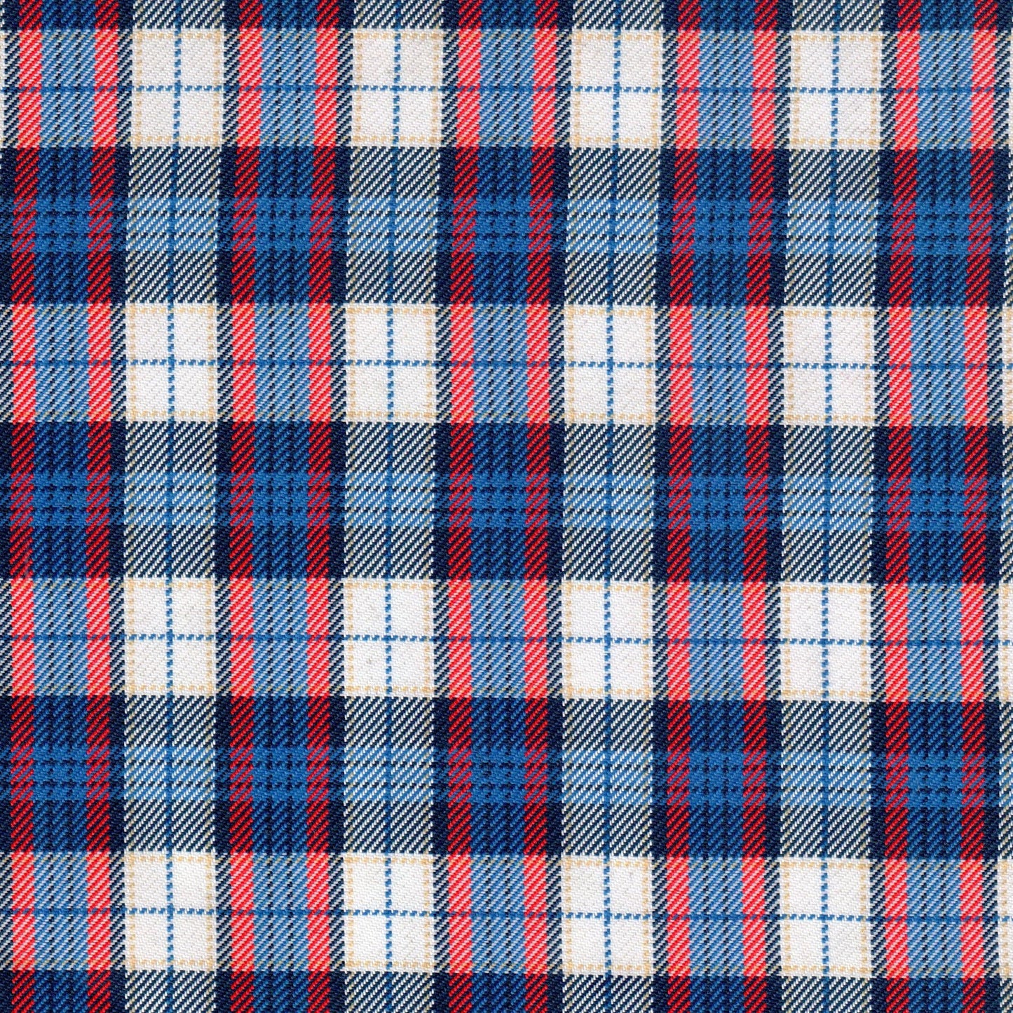 Tela diagonal de poliéster SchoolLine en cuadros azules, blancos y rojos; ideal para uniformes escolares e institucionales.