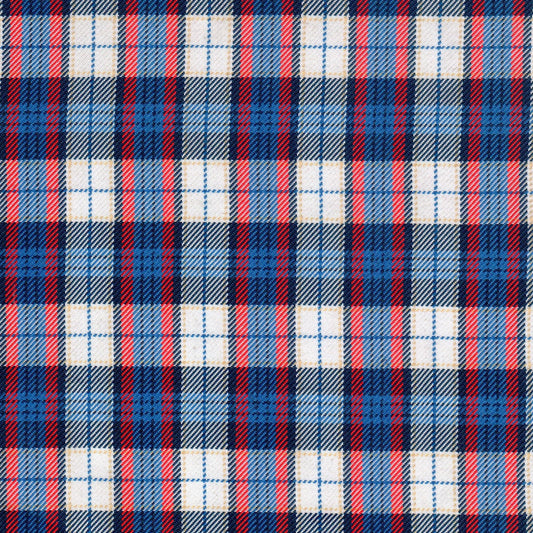 Tela diagonal de poliéster SchoolLine en cuadros azules, blancos y rojos; ideal para uniformes escolares e institucionales.