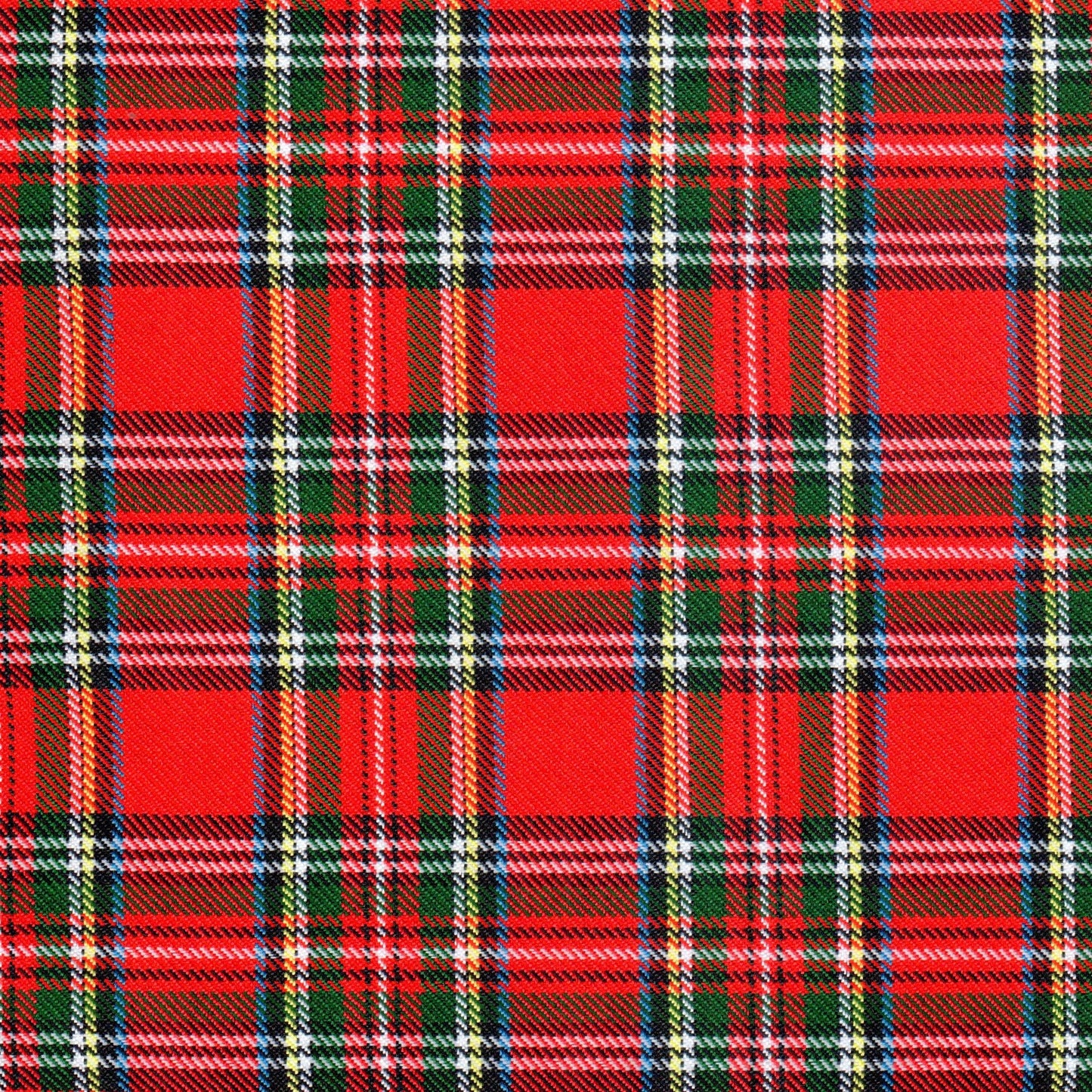 Tela diagonal de poliéster SchoolLine en tartán rojo-verde con rayas azules, ideal para uniformes escolares e institucionales.