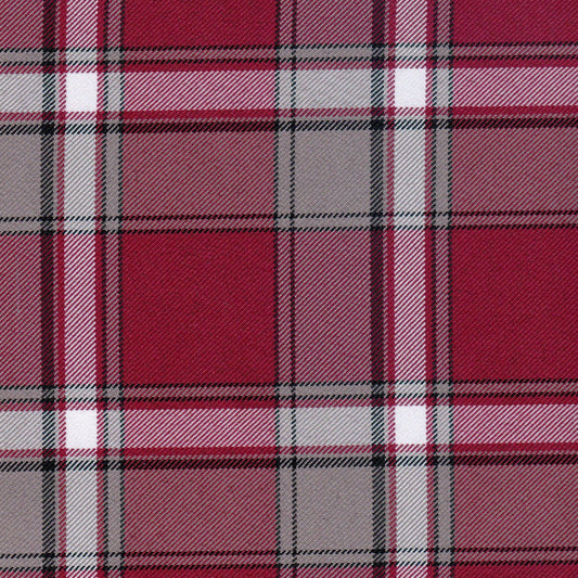 Tela diagonal de poliéster SchoolLine en rojo, blanco y negro a cuadros, ideal para uniformes escolares e institucionales.