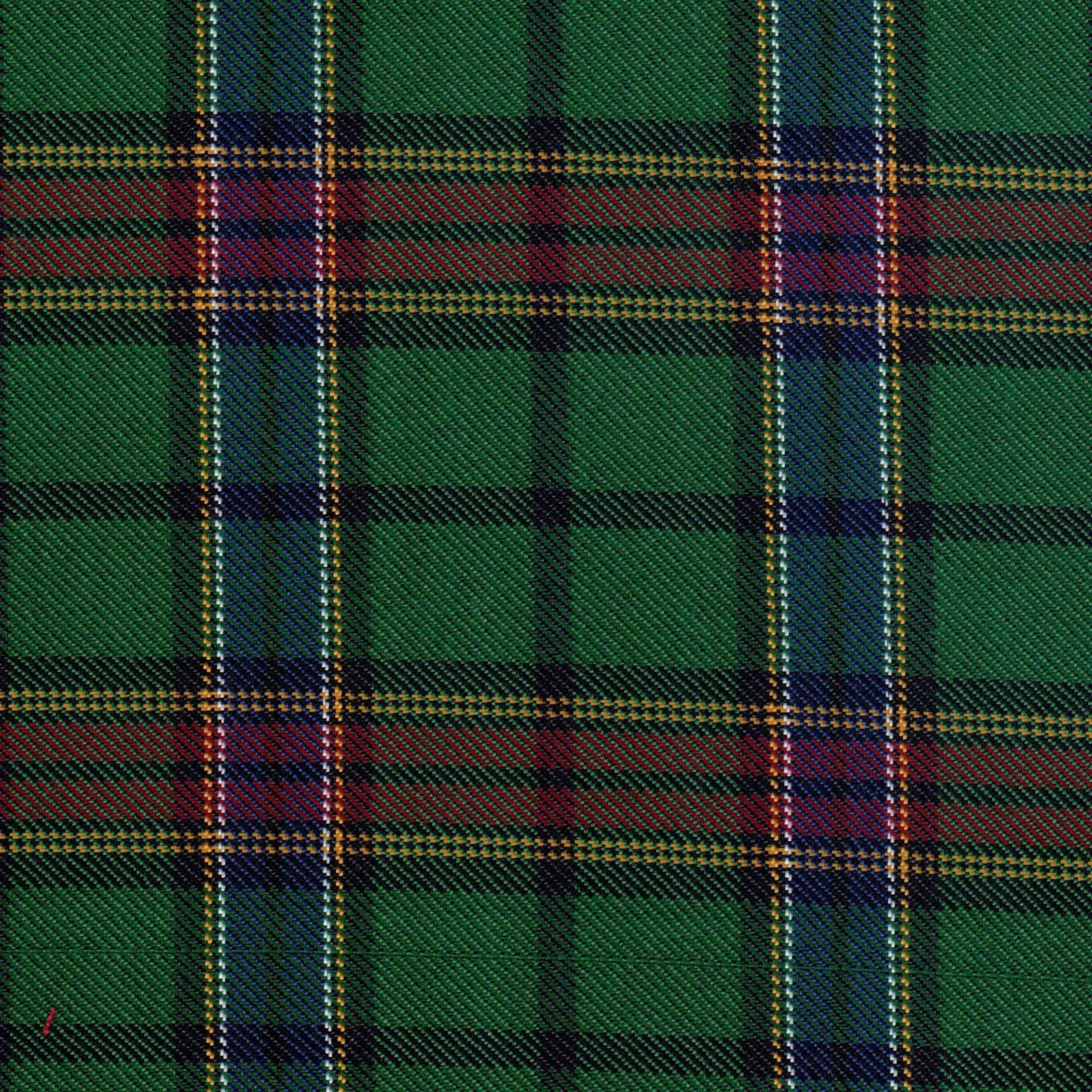 Tela diagonal poliéster SchoolLine verde con cuadros tartán azul y rojo; ideal para uniformes escolares e institucionales