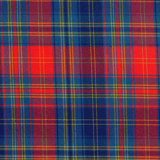 Tela diagonal de poliéster SchoolLine en tartán azul, rojo y amarillo; ideal para uniformes escolares e institucionales.