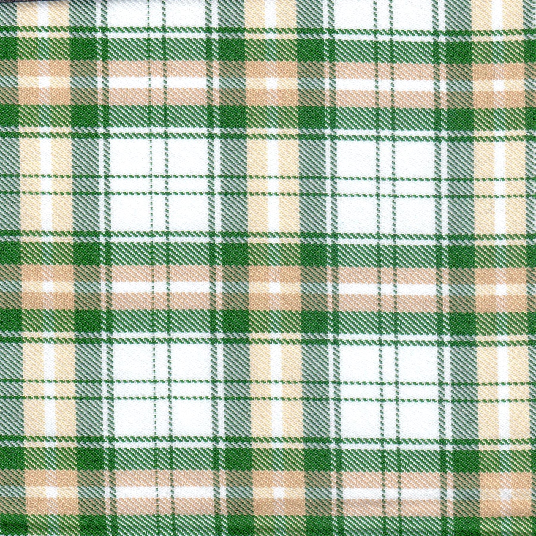 Tela diagonal de poliéster SchoolLine verde y beige con cuadro tartán, ideal para uniformes escolares e institucionales.