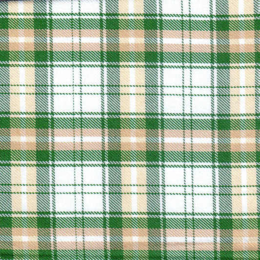 Tela diagonal de poliéster SchoolLine verde y beige con cuadro tartán, ideal para uniformes escolares e institucionales.