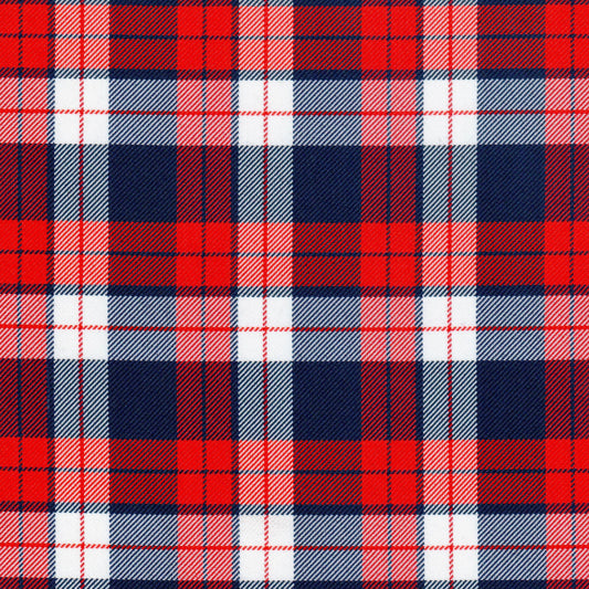 Tela poliéster diagonal SchoolLine en cuadros rojo, azul marino y blanco; ideal para uniformes escolares e institucionales