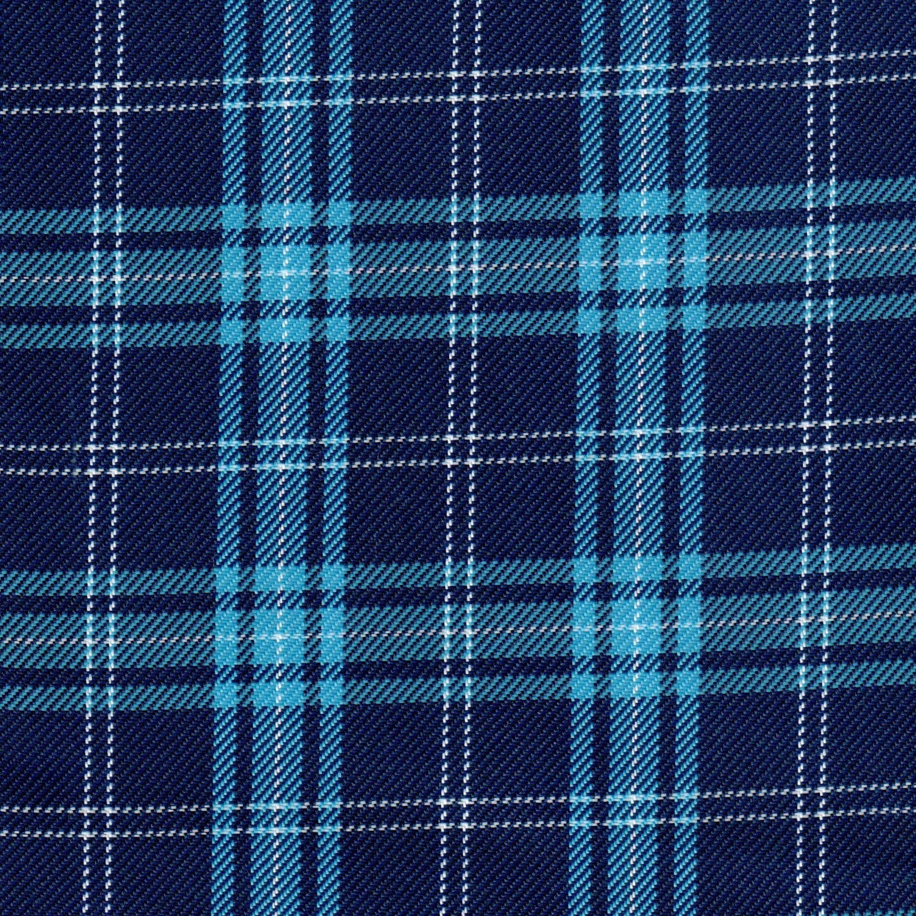 Tela diagonal de poliéster azul marino con cuadros turquesa y blancas; ideal para uniformes escolares SchoolLine.