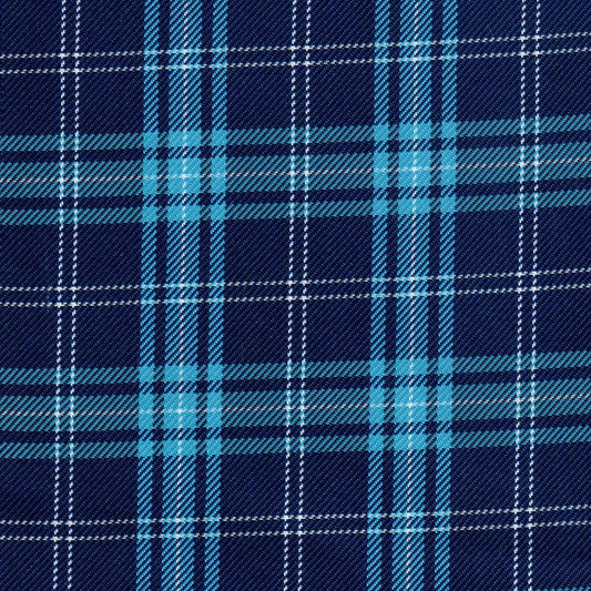 Tela diagonal de poliéster azul marino con cuadros turquesa y blancas; ideal para uniformes escolares SchoolLine.