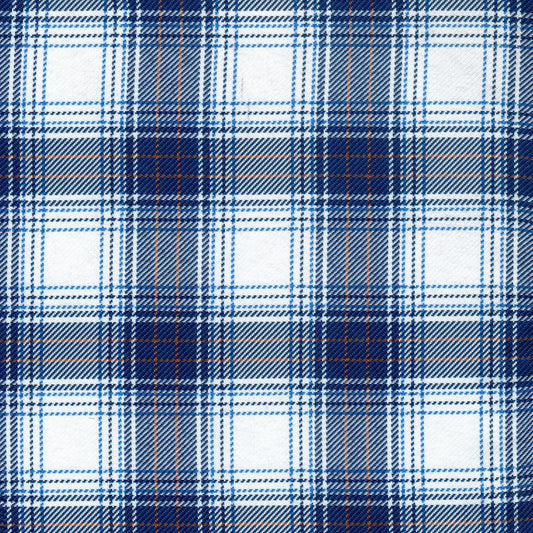 Tela poliéster diagonal azul marino y blanco con cuadros y líneas naranja, ideal para uniformes escolares e institucionales, SchoolLine