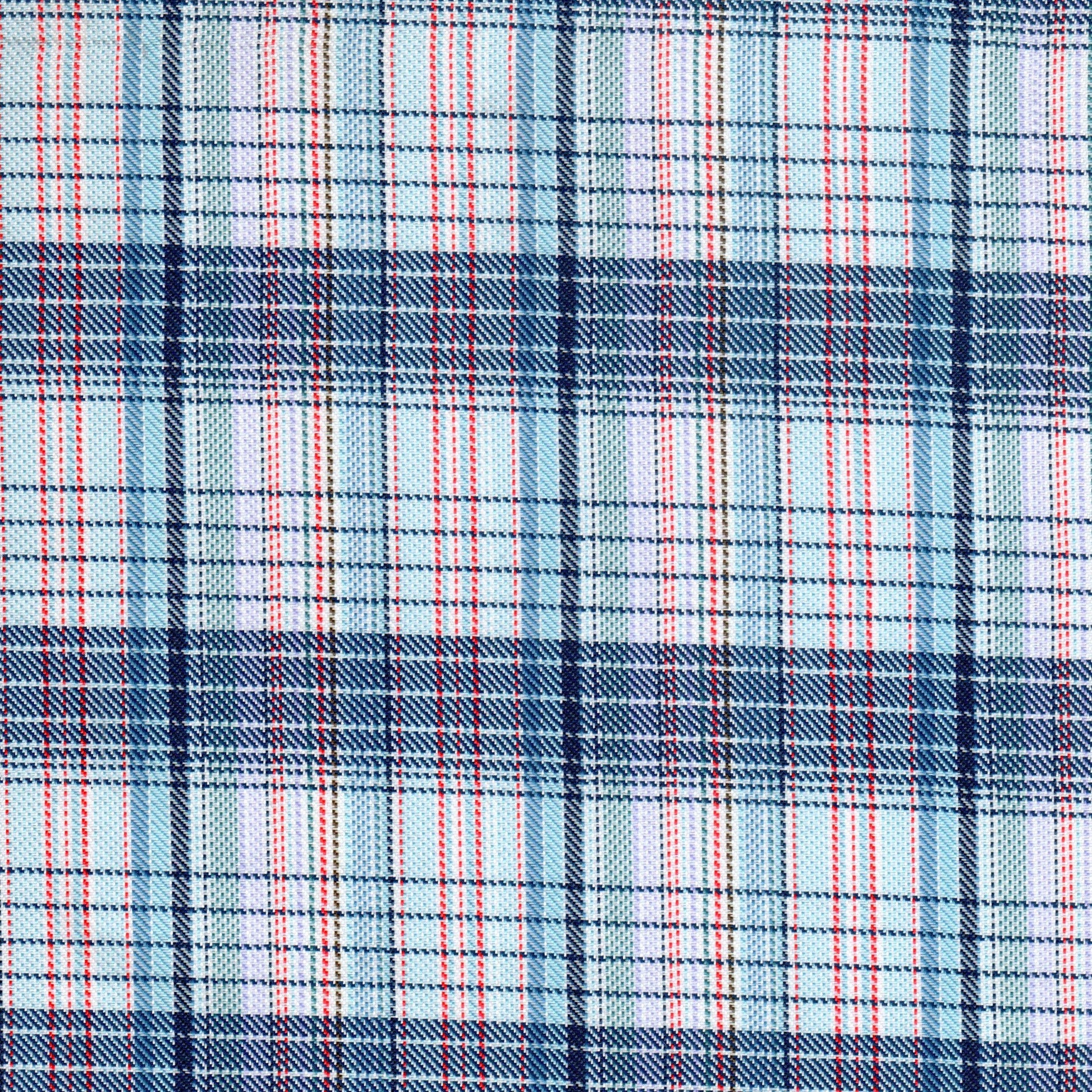 Tela diagonal de poliéster SchoolLine; tejido a cuadros azules, blancos y rojos, ideal para uniformes escolares.