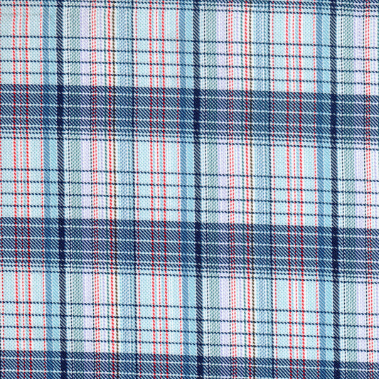Tela diagonal de poliéster SchoolLine; tejido a cuadros azules, blancos y rojos, ideal para uniformes escolares.