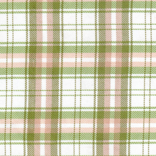 Tela diagonal de poliéster SchoolLine en verde y rosa con patrón plaid; ideal para uniformes escolares e institucionales.