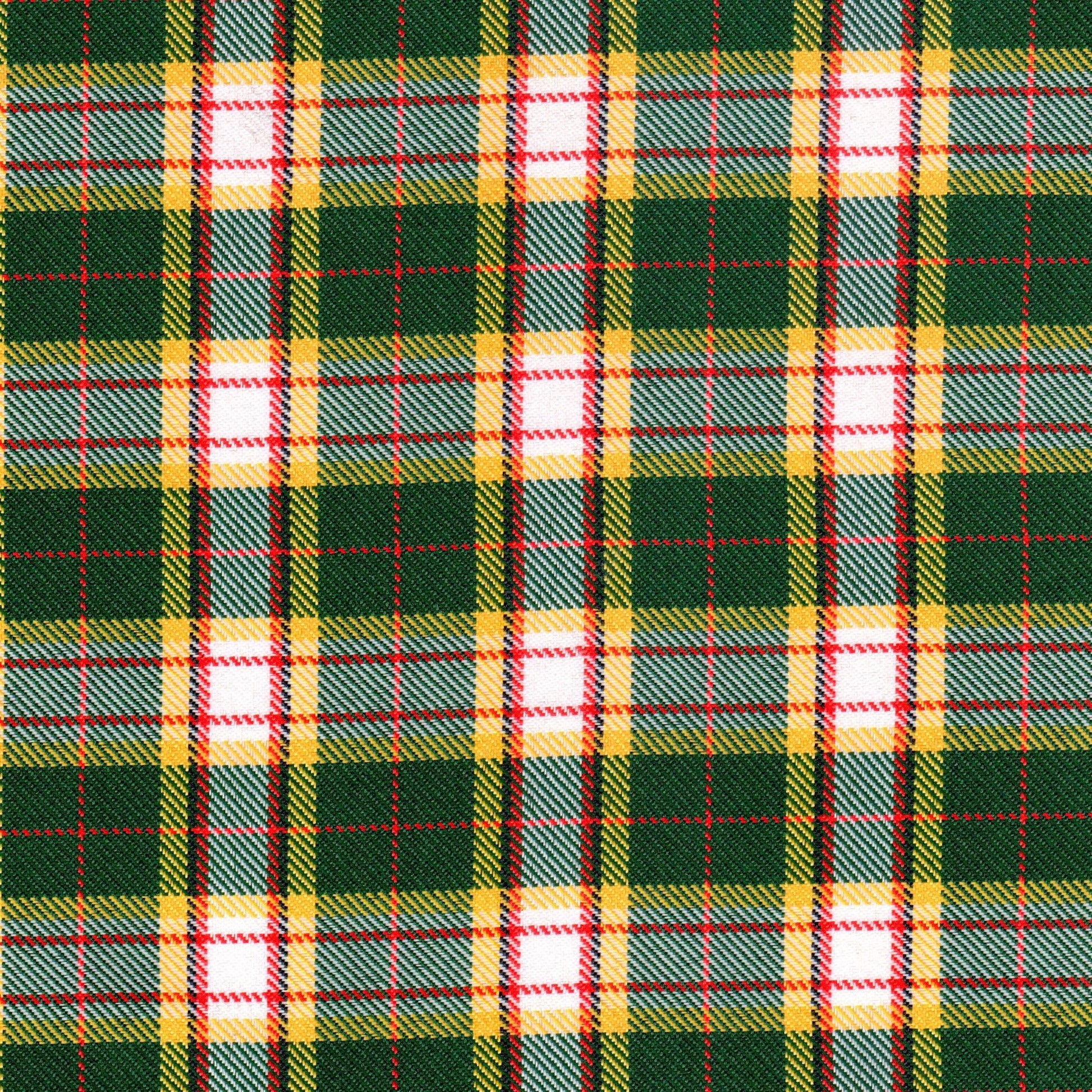 Tela de poliéster diagonal verde con cuadros amarillos y líneas rojas, ideal para uniformes escolares e institucionales; SchoolLine.