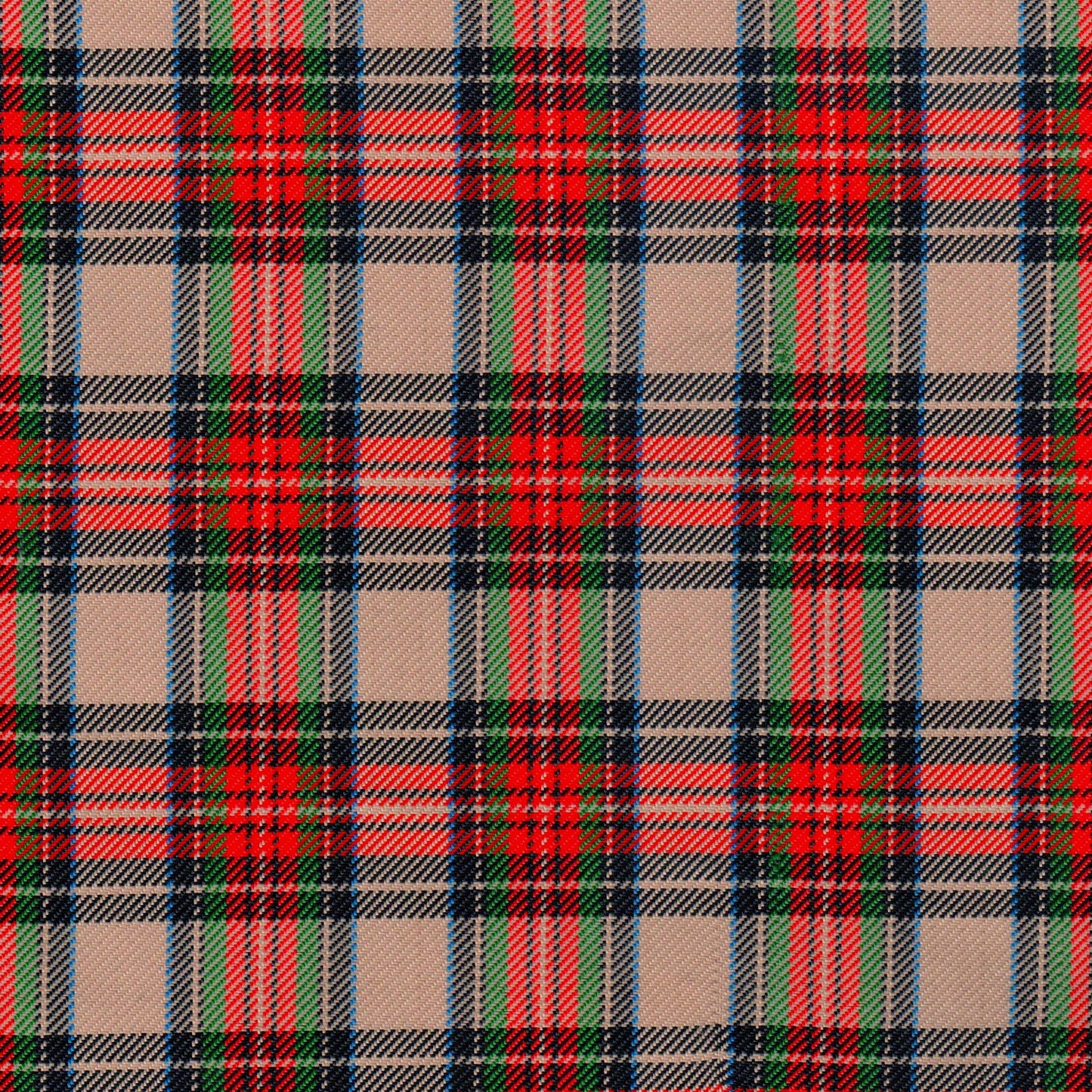 Tela de poliéster diagonal SchoolLine en tartán beige con rayas rojas, verdes y azules para uniformes escolares.