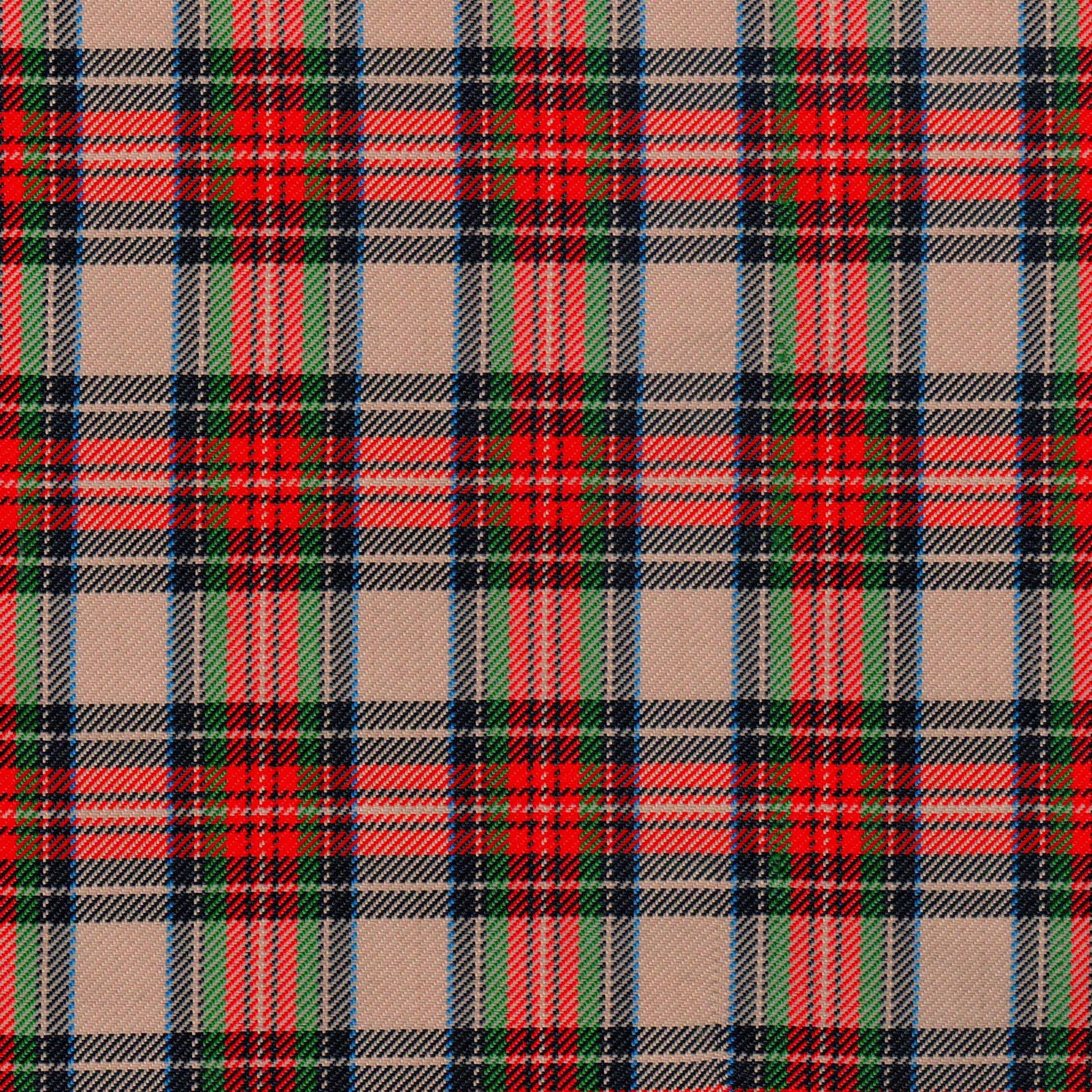 Tela de poliéster diagonal SchoolLine en tartán beige con rayas rojas, verdes y azules para uniformes escolares.
