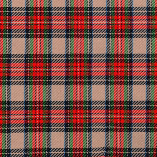 Tela de poliéster diagonal SchoolLine en tartán beige con rayas rojas, verdes y azules para uniformes escolares.