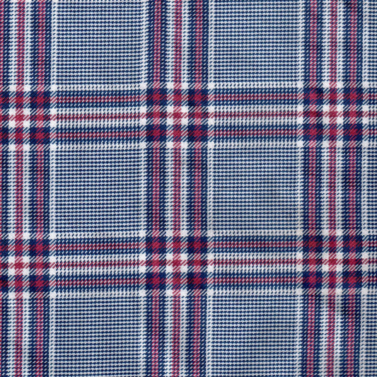 Tela diagonal de poliéster SchoolLine azul, blanco y rojo con cuadros, ideal para uniformes escolares e institucionales.
