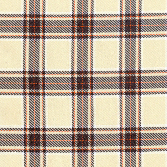Tela diagonal de poliéster SchoolLine en tartán beige crema con líneas negras y naranja, ideal para uniformes escolares e institucionales.