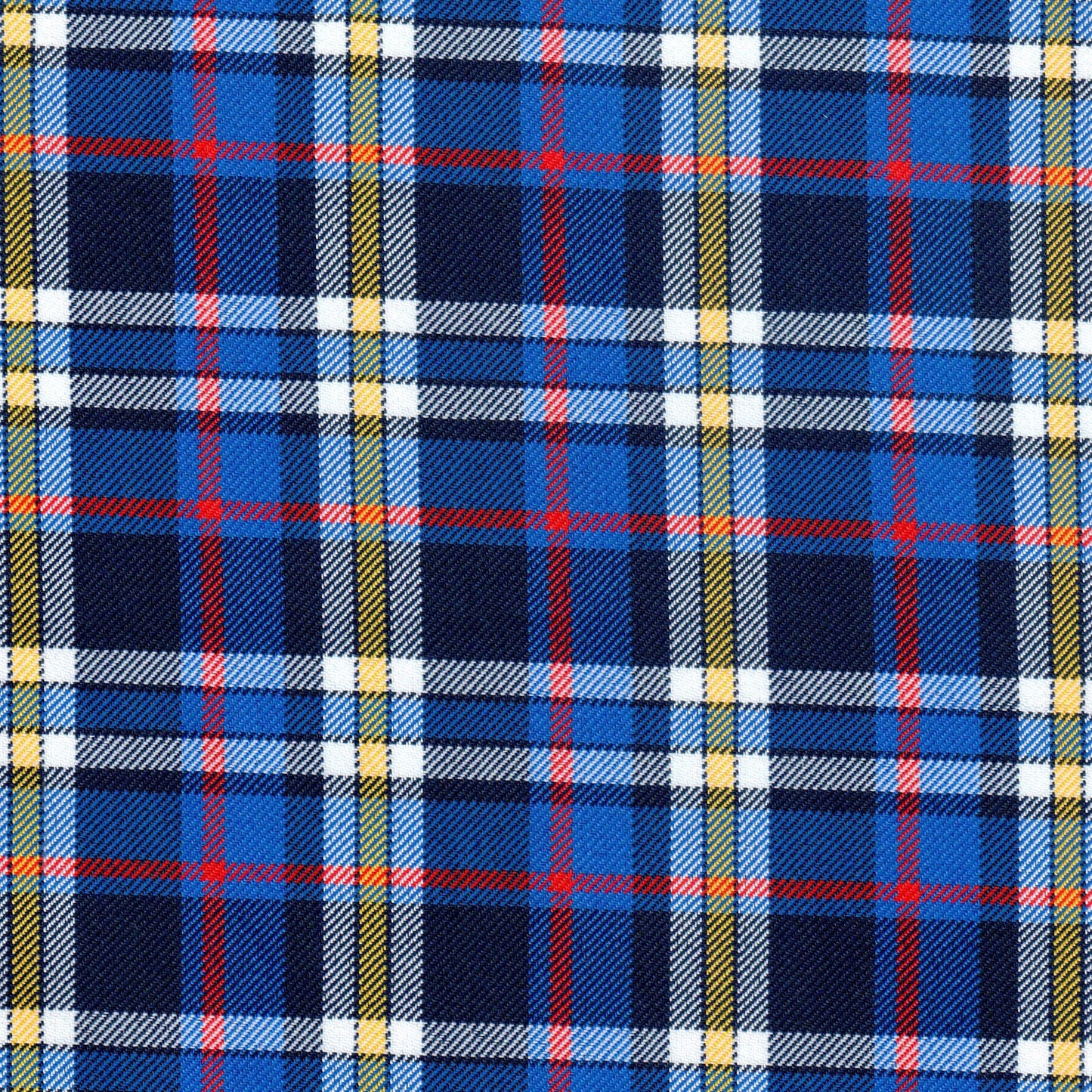 Tela diagonal de poliéster SchoolLine, tartán azul marino con líneas amarillas y rojas; ideal para uniformes escolares.