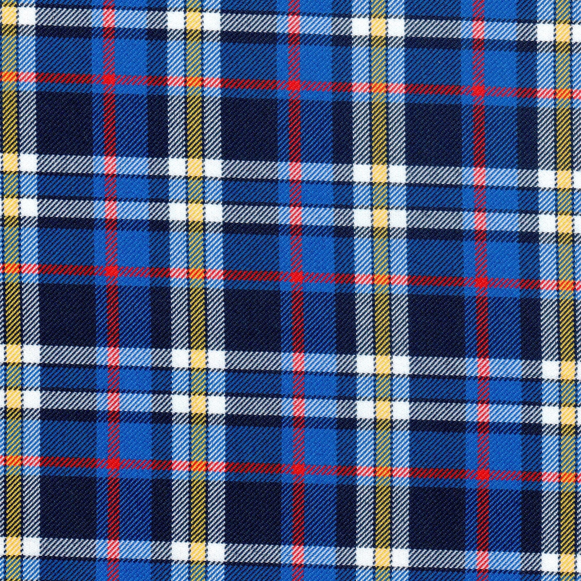 Tela diagonal de poliéster SchoolLine, tartán azul marino con líneas amarillas y rojas; ideal para uniformes escolares.
