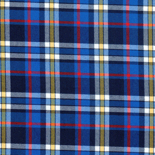 Tela diagonal de poliéster SchoolLine, tartán azul marino con líneas amarillas y rojas; ideal para uniformes escolares.