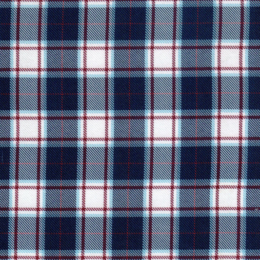 Tela diagonal de poliéster azul marino con cuadros blancos y rojo; ideal para uniformes escolares, SchoolLine.