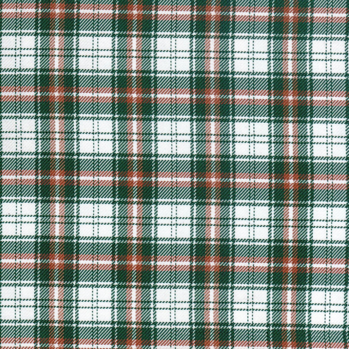 Tela diagonal de poliéster SchoolLine en verde, blanco y naranja; tejido plaid, ideal para uniformes escolares e institucionales.