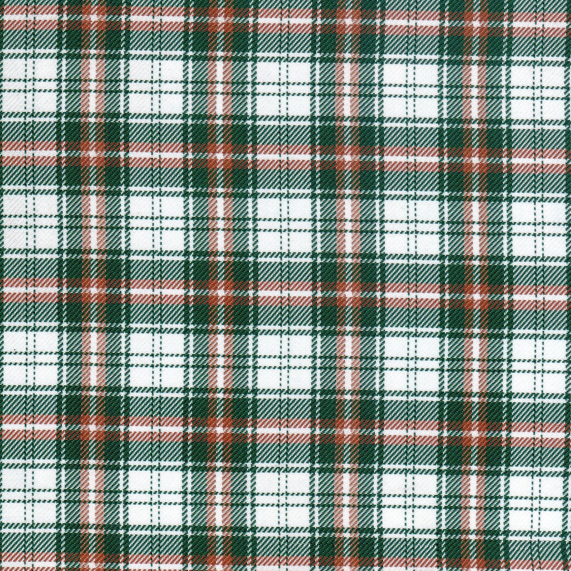 Tela diagonal de poliéster SchoolLine en verde, blanco y naranja; tejido plaid, ideal para uniformes escolares e institucionales.