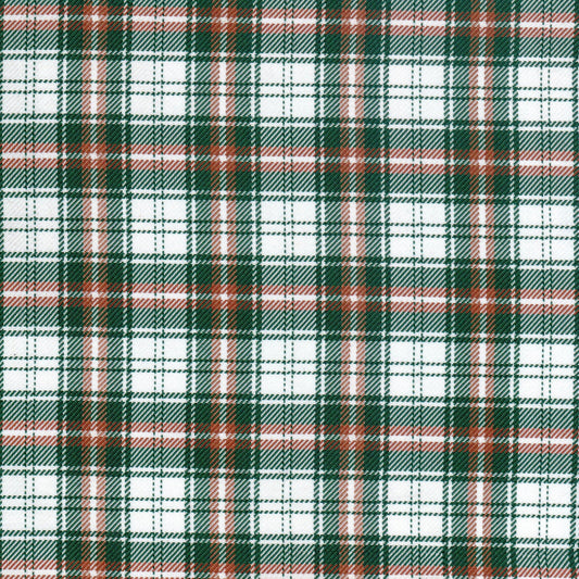 Tela diagonal de poliéster SchoolLine en verde, blanco y naranja; tejido plaid, ideal para uniformes escolares e institucionales.
